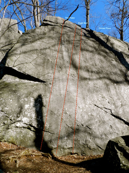 Jan's Face, for The Flake and Eight Ball, it's just like kindergarten, stay between the lines. The lines indicate  feint incipient cracks that are the boundaries of the routes.