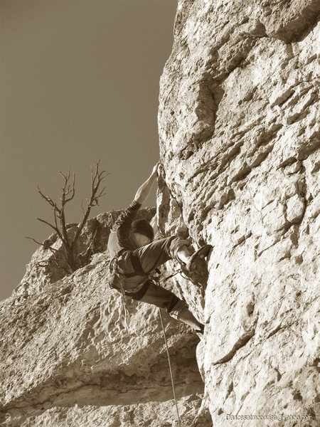 James Scott works the crux, 3-3-12.<br>
Photo:  Dancesatmoonrise.