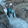 Deb whacking away above the crux.