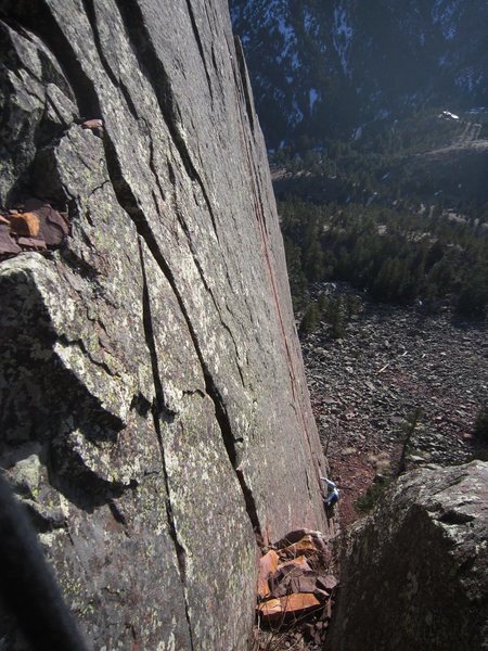 Kat A follows P3 of 'Over The Hill' (5.10b) at Rincon.  Photo 3/2012 by Tony B.