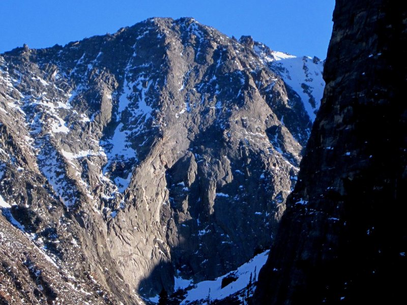 The Vanquished/Inquisition wall on Powell Peak (zoomed from Mt. Otis).