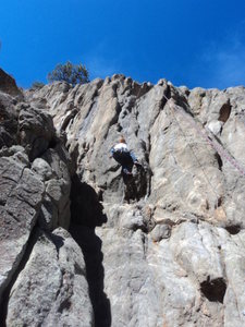 Dave at the crux.  A #3 Camalot can fit in the crack here.
