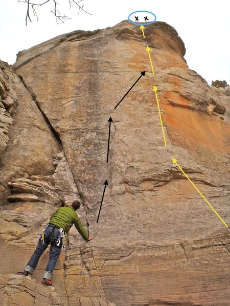 Yellow arrows: Byrd's (.10+).<br>
Black arrows: "X Man" variation (.11c).<br>
Blue circle: two bolt anchor on top (cordelette advised).