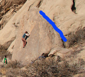 This shows guy on V0s described in Bishop guide book, Arete climbs are on the left of the photo, Hip Hop Hager is shown in blue