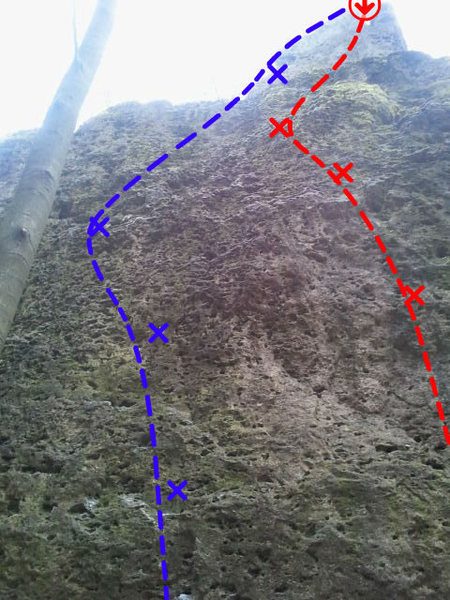 Blue is Hänsel. Here you can see the location of the bolt at the top and the final section to the summit.