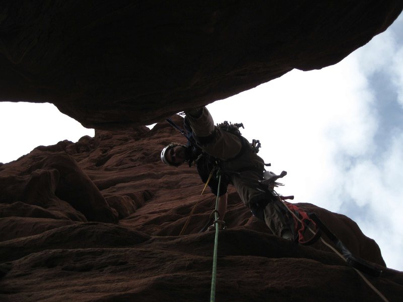 Alan on pitch 7 of Cottontail, just before starting the traverse.