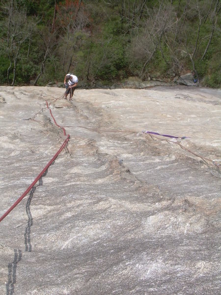 Looking down the 3rd pitch groove. Be careful not to take a factor 2 fall onto the belay on this pitch!