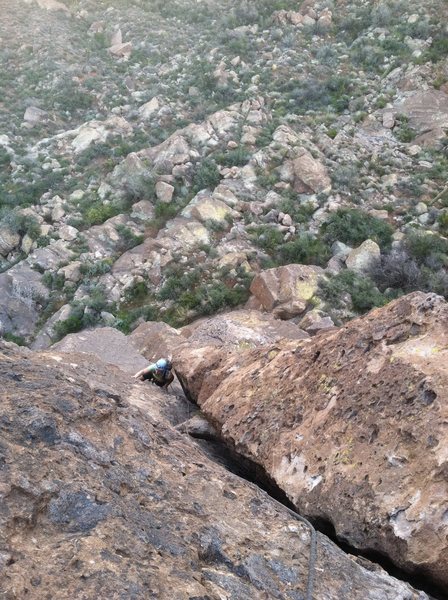 Finishing up the last 30' of the second pitch. Easy climbing on huge pockets.