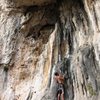 Bouldering on the nifty tufas at the Cimitero sector of Caprazoppa