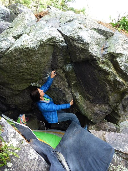 One easier variation is to start off to the right on a huge undercling flake and use the detached block for feet.  4 star warmup.  Katwi sending, with her shoes not velcroed!!!