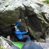 One easier variation is to start off to the right on a huge undercling flake and use the detached block for feet.  4 star warmup.  Katwi sending, with her shoes not velcroed!!!