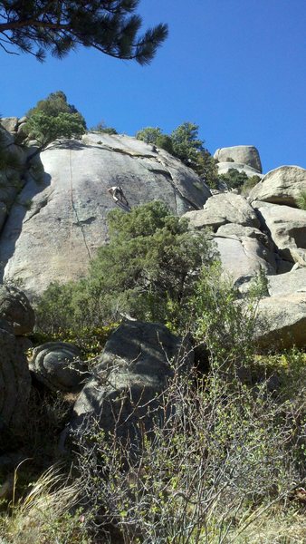 Shows the upper part of the route, the lieback flake and the vertically rising finger crack.