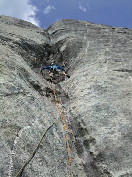 P-4 The crux of the route is coming out of the bulge just above.