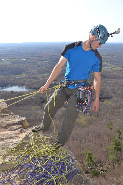 Belaying on top of the first pitch of High Exposure in the Gunks.  