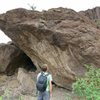 The huge overhanging face of the Javalinaland boulder. Features are far apart. The right side of the overhang will have a couple of doable problems.