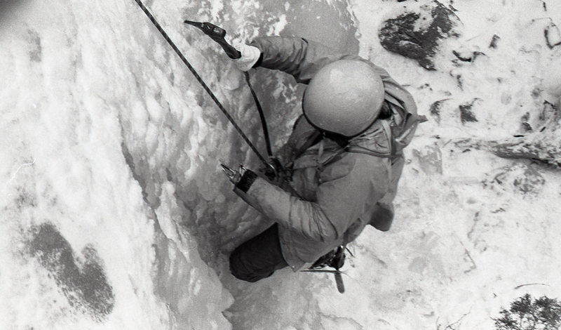 Phil Condrey climbing ice in Uptown Mt Elden- late 70s. Yes, folks, that is a Chouinard alpine hammer taped to his right arm, and his prosthetic hook snagging tool holes on his left- Phil lost both hands in a Civil War reenactment. 