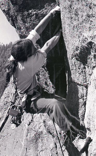 P. Davidson gunning through on the FA of Retirement Crack 5.11, West Elden 1970's.