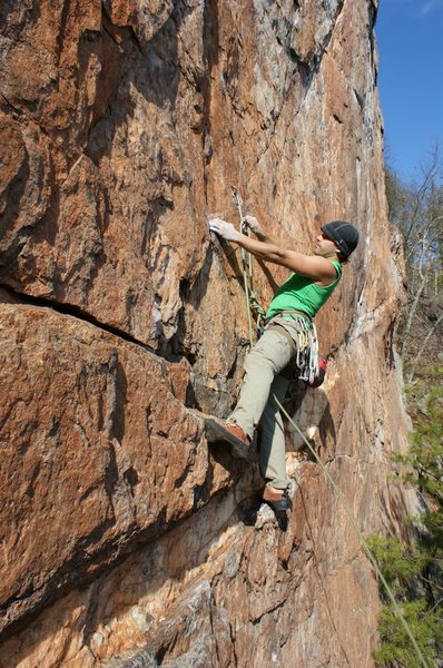 Red Wall<br>
<br>
Axis(Bold as Love) (5.11d) mixed<br>
<br>
Crowders Mountain State Park, North Carolina