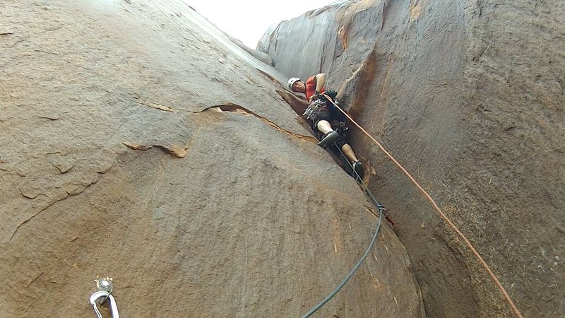 Sam just past the crux on pitch 3. 