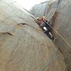 Sam just past the crux on pitch 3. 