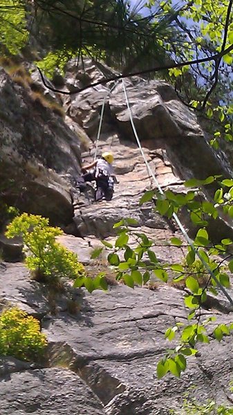 Debbie on the top half of the first pitch of Lonely Challenge.