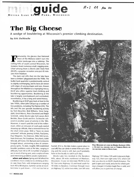 Rock and Ice article issue #99 April 2000. Permission secured from Eric Zschiesche and Rock and Ice. Page 100 (First Page).