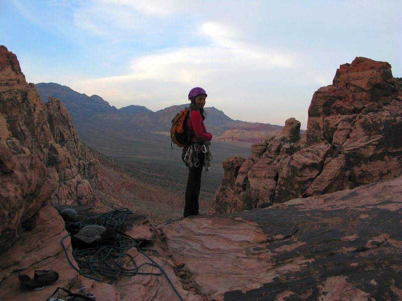 Atop Crabby Appleton in Pine Creek Canyon, RR on 5/2/12. With an afternoon start, we ended up hiking out in the moonlight. What a beautiful day!