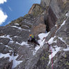 Nate Erickson leading above the chimney. On April 29, 2012, there was barely any ice on the route.