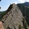 The ramp downclimb from the summit of Yellow Spur to reach the Dirty Deed rappels.