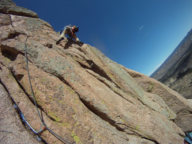 2nd pitch traverse right, hitting the arete.