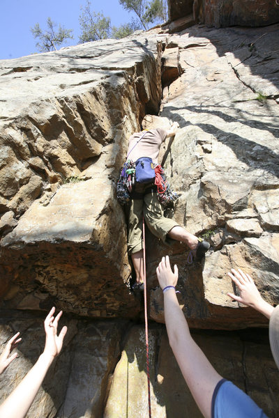 Start of Dirt Bag. As with most T-wall moderates, the crux is getting off the ground then you can enjoy the route.