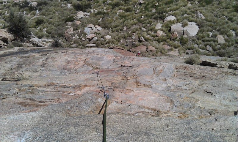 The rope showing pitch 1 as looking down from the semi-hanging belay.