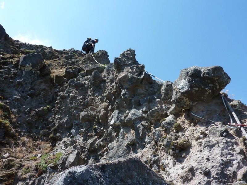 Beckey Route closeup. Happy knobaliciousness everywhere! The rock, knobs in a welded tuff like matrix, was the most solid I've encountered in the area. 