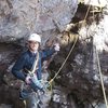 Time to put the drill away after climbing up and sinking two bolts in the nasty chimney.  Photo by Bradley White