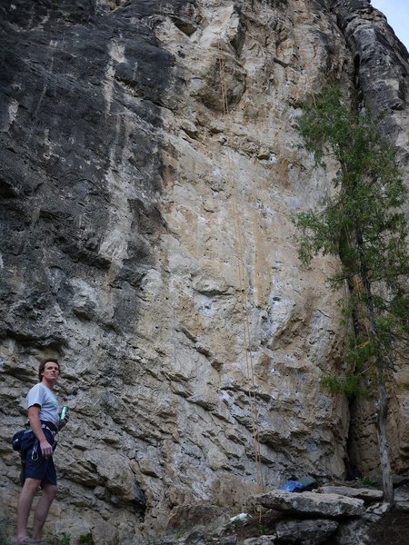 This route is inbetween the 11a and the 11d, where the yellow rope is hanging in this photo (the left double strand).