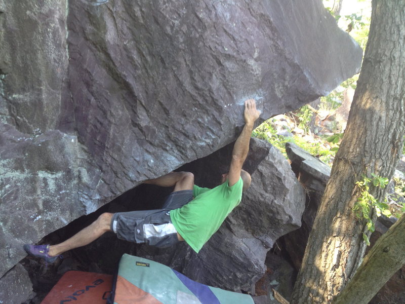 Mike pulling on the steep arete<br>
