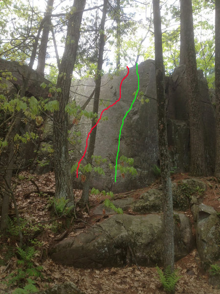 The green line is the climb, the red line is a possible kinda contrived project, but hard slab climbing for sure.