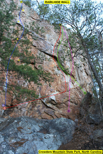 Rawlhide Wall - Cliff Right<br>
<br>
1)Disgustipated (5.11) sport<br>
2)Arborsit (5.11) trad<br>
3)Arborcide Variation (5.11) trad<br>
4)Arborcide (5.9) trad<br>
<br>
Crowders Mountain State Park, North Carolina