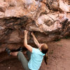 Courtney on the beginning and crux moves of the main problem on the Trail Blob Boulder in the Snake Pit. 