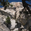 Climber leading Red Roof Route