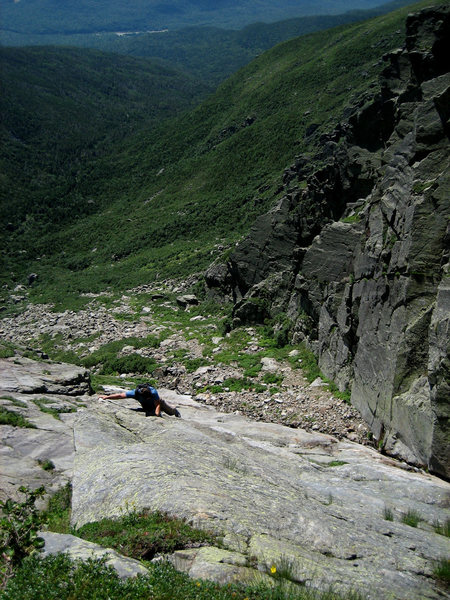 Brian Aitken climbing Central Gully Slab. Photo by Brad Parry.