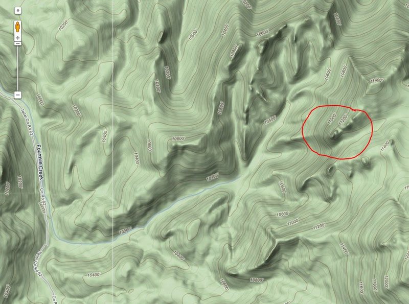 I didn't take coordinates, but this is my take on it location. Note that the summit is above 11,200', & the climb is at least 400 feet according to contour lines.