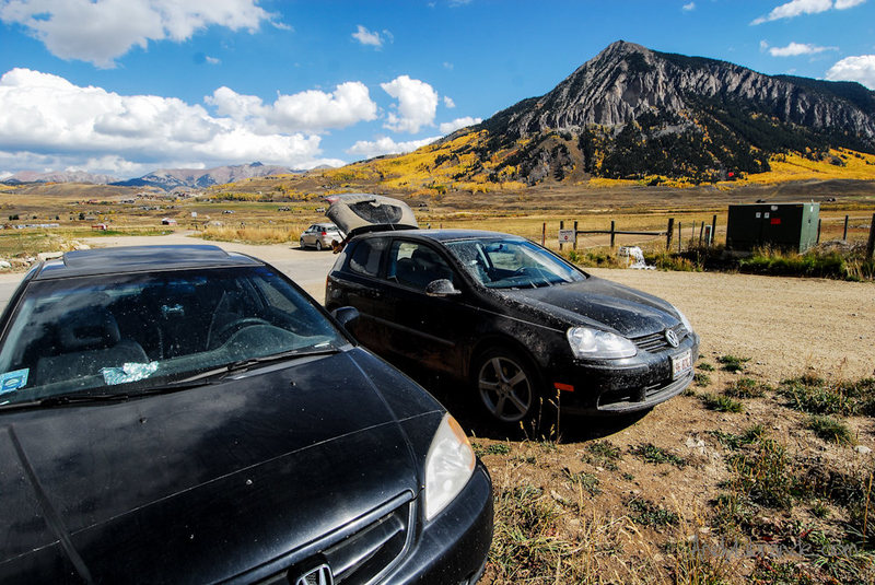 Parking Lot at the end of Elk Ave. The big boulders can be seen from here (in the far right yellow aspen tree section!)!<br>
<br>
Amazing colors - Oct. 2nd, 2011.<br>
<br>
http://andylibrande.com/news/