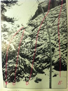 B. Stop Making Sense, 5.8, 4 bolts.<br>
C. Delicate Sound of Thunder, 5.9, 3 bolts.<br>
D. Quest for Magic, 5.12a, 7 bolts.<br>
E. The Trouble With Normal, 5.10b, 3 bolts, one piton, gear to 2.5 inches.<br>
F. Unnamed Crack, 5.7, gear to 3 inches.<br>
G. Penis Envy, 3 bolts, gear to 1.5 inches.