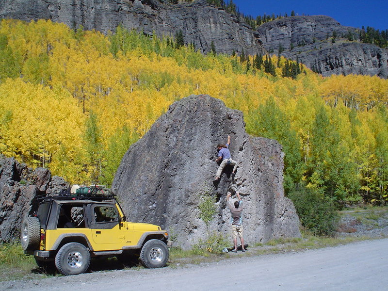 Bouldering up Camp Bird Rd.<br>
At 6'4" Joe G makes a great spotter.<br>
<br>
Doug Bryson photo