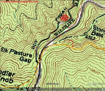 Area Map, Yellow is Shut-in Ridge trail, red is bouldering trail