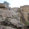 Picture for Slap Roof route. the beginning is just a 8 foot scramble or so. Crux is about 15 feet up when the crack thins down. Get some high feet! Good boulder to rap at top, or you can use the tree. We did both. Left webbing on tree. good first trad climb.