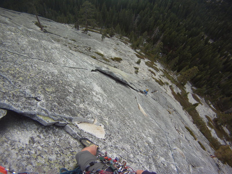 View from the optional belay to do the climb in two pitches. can see the route.  Climber (Rachel Adams) is just above the 1st Belay station for the 3 pitch variation.