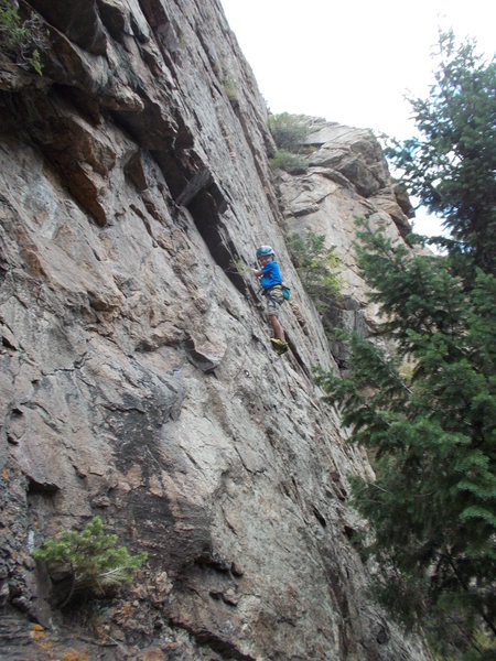 Garrett Gillest on the Stanley Slab, leftmost bolted line, 5.9+.