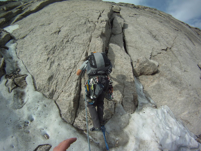 2nd pitch up the Cable Route on July 3, 2012. Practically no snow but this spot. Lots of water on the rock, though.
